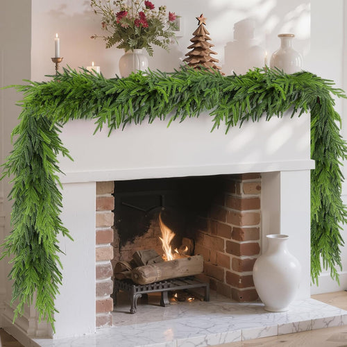 9FT Christmas Norfolk Pine Garland, Realistic Artificial Pine Garland, Real Touch Faux Greenery Christmas Garland for Table, Mantle, Winter Holiday Christmas Decorations Indoor Outdoor