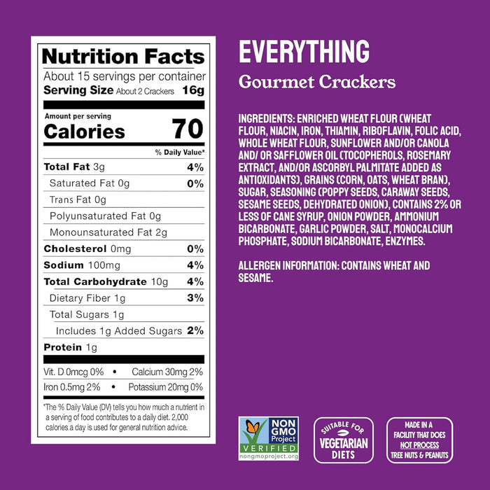 Milton's Gourmet Crackers, Everything - Non-GMO Project Verified, Natural Ingredients, Kosher, Everything Bagel Inspired, Great for Charcuterie Boards - 8.4 Oz