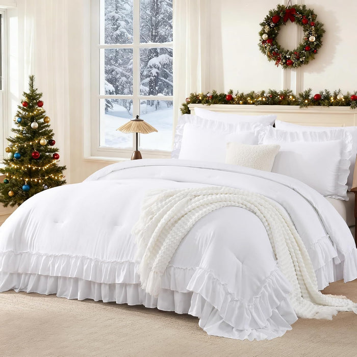 Andency Beige Full Size Comforter Set, 3 Pieces Farmhouse Shabby Chic Ruffle Comforter, Soft Lightweight Fluffy All Season Microfiber Bedding Comforter Set for Kids, Girls, Women