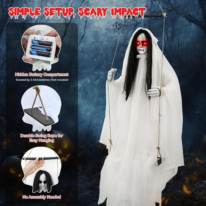 Scary Halloween Decorations Outdoor, Hanging Swinging Girl with Sound & Slap Activated, Light Up Eyes, Creepy Expression, 6.2FT Halloween Decor for Indoor Outdoor Haunted House