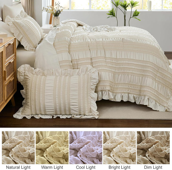 WONGS BEDDING Queen Comforter Set,Beige Cute Ruffle Comforter for Queen Bed, 7 Pieces Bed in a Bag Seersucker Shabby Chic Bedding Set 90"×90"