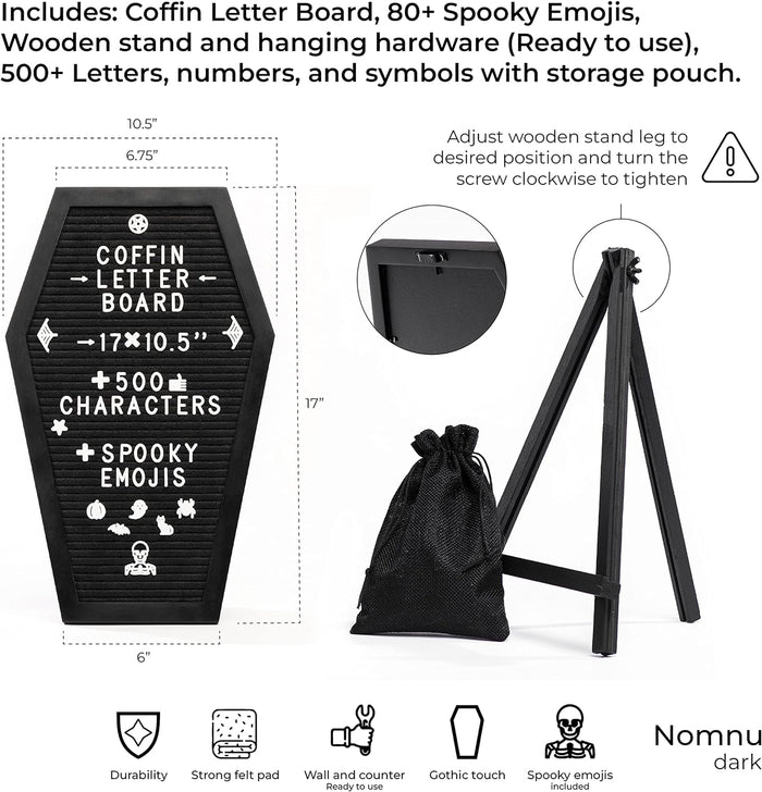Coffin Letter Board Black +3D Bat Stickers +650 Characters, Spooky & Seasonal Emojis, Wooden Stand - 17x10.5 Inches - Coffin Shaped Goth Decor Sign Witchy Halloween Decorations Gothic Decor Birthday Wedding Home Spooky Gifts