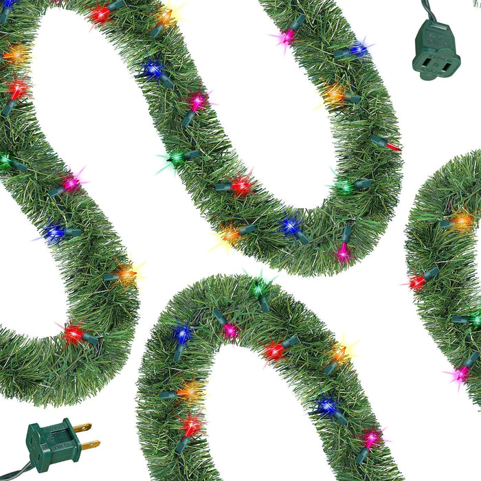 WATERGLIDE 49FT Lighted Christmas Green Garland with 100 Count Clear String Lights, Pre-lit Long Artificial Greenery Garlands, Plug in Holiday Decorative Lights for Indoor Outdoor Decor