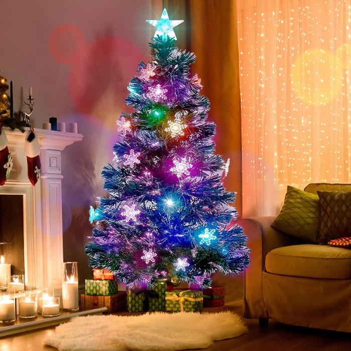 Prsildan 5 FT Artificial Christmas Tree, Pre-Lit Optical Fiber Xmas Trees with Multicolor LED Lights, Snowflakes & Top Star, Lighted Christmas Tree Holiday Home Decor