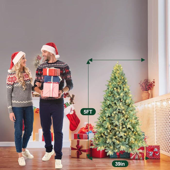 5ft Prelit Artificial Christmas Tree, Blue Spruce Xmas Tree with Hinged Branches for Easy Setup, Halloween Trees Tips with Lights for Home & Office Holiday Christmas Decor