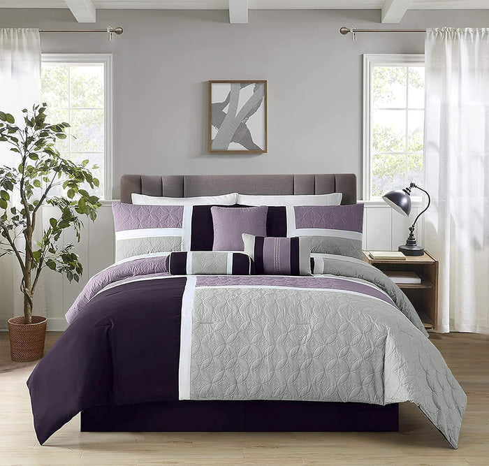 Chezmoi Collection Upland 7-Piece Quilted Patchwork Comforter Set, Lavender/Gray/Purple, California King