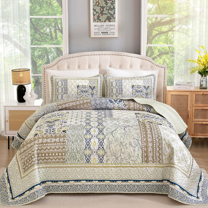 WONGS BEDDING Navy Blue Quilt Set King Size,Bohemian Patchwork Bedspread Coverlet Set, Reversible Farmhouse Floral Pattern Bedspreads Bedding Set for All Seasons (104"x90")