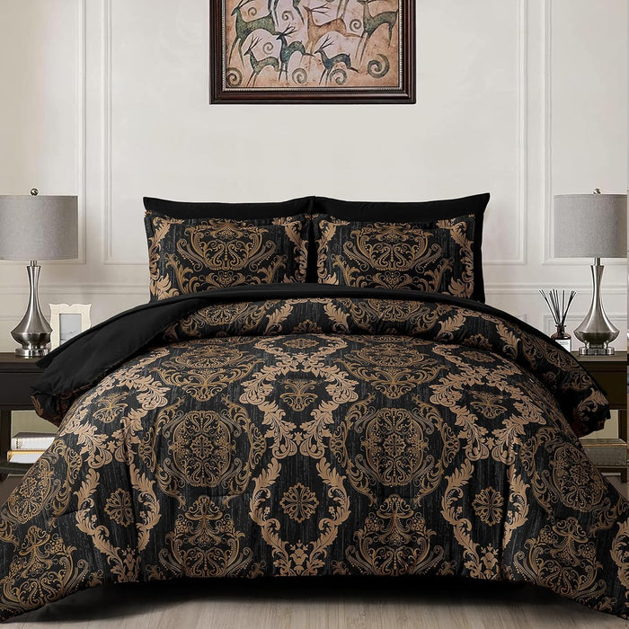 WONGS BEDDING Burgundy Comforter Set Queen Size, Maroon Damask Texture 7 Pieces Bed in a Bag Microfiber Comforter Bedding Sets -1 Comforter, 1 Flat Sheet, 1 Fitted Sheet, 2 Pillow Shams, 2 Pillowcases