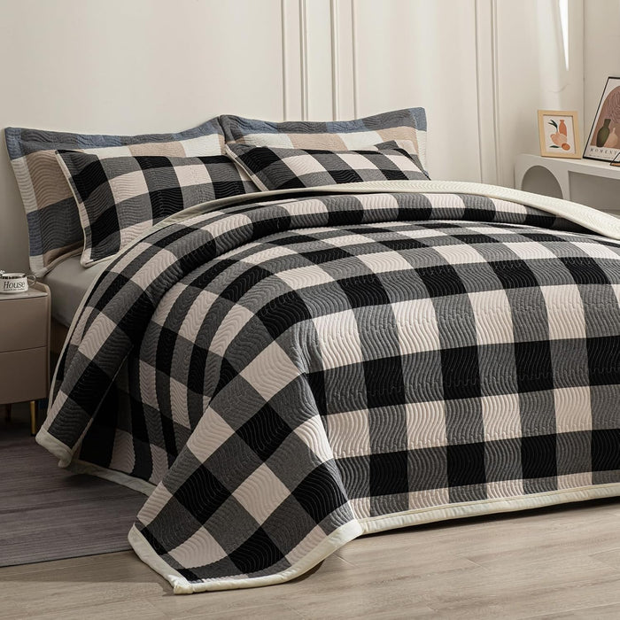 Cotton Plaid Quilt Set, Ultra Soft 3 Pieces Queen Size Bedding with 2 Pillow Shams, Lightweight Reversible Coverlet Bedspread with Wave Quilting for Summer, 90"x96", Grid-Beige Blue