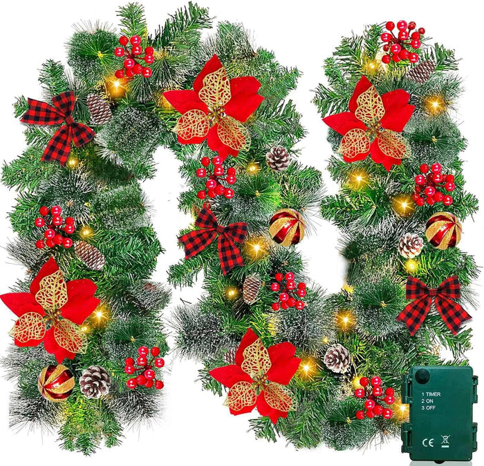 6 Ft by 10 Inch Pre-lit Artificial Christmas Garland with 30 Warm Lights Timer Battery Operated 150 Snowy Bristle Pine Branches 56 Red Berries 8 Pinecones Xmas Decor for Home Indoor Mantle Fireplace