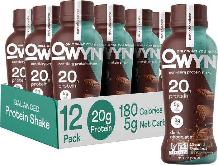 OWYN Only What You Need Dark Chocolate Flavored Protein Shake, 20g Protein, 4g Sugar, 3g Fiber, Dairy Free, Plant Based Protein Drink 12 Count
