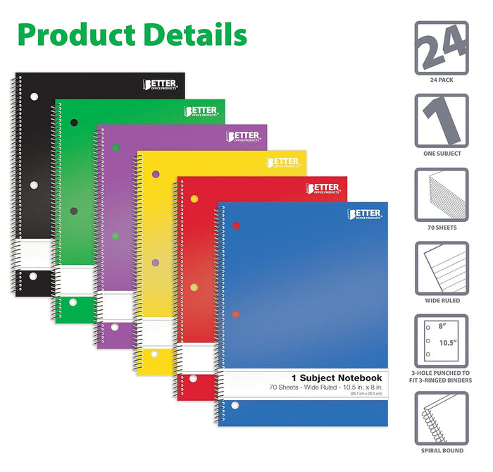 Better Office Products Spiral Notebooks 1-Subject, 24 Pack, Wide Rule, 70 Sheet, 8 x 10.5 inches, 6 Assorted Primary Colors, 24 Pack
