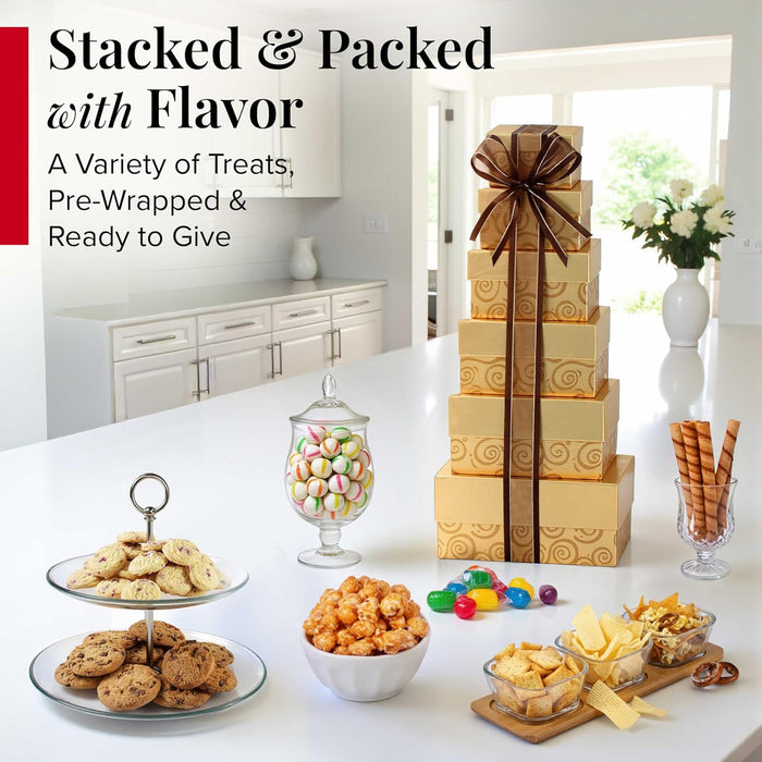 Broadway Basketeers Festive Gift Basket Tower – Gourmet Food Gifts with Chocolates, Cookies, Snacks & Treats - Christmas Gift Tower for Celebration, Birthday, Corporate & Thank You Occasions