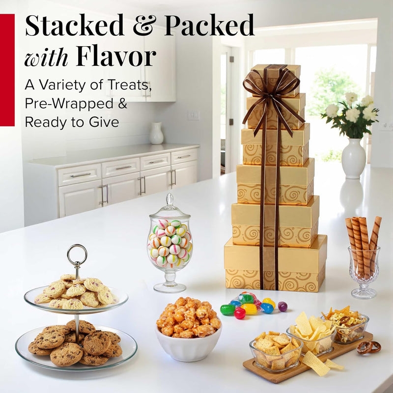 Broadway Basketeers Festive Gift Basket Tower – Gourmet Food Gifts with Chocolates, Cookies, Snacks & Treats - Christmas Gift Tower for Celebration, Birthday, Corporate & Thank You Occasions