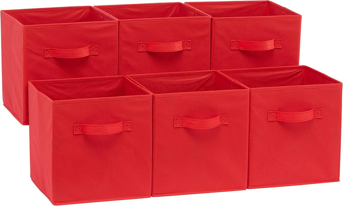 Amazon Basics Cube Organizer Storage Bins Handles, Collapsible Fabric, Pack of 6, 10.5"x10.5"x11", White/ Light Grey Stripe