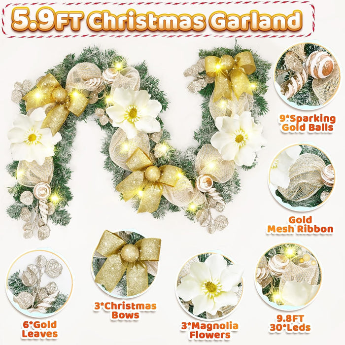 Christmas Garland with Lights, 5.9 FT Luxury Christmas Garland for Mantle, Christmas Flocked Garland with Gold Bows Ribbons Magnolia for Front Door Fireplace Table Home Decor