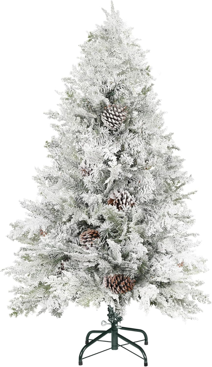 6 FT Snow Flocked Artificial Christmas Tree, Full Xmas Tree with 1000 Automatically Expanding Branch Tips, Foldable Metal Stand and Hinged Branches, Holiday Decoration for Home, Party, White