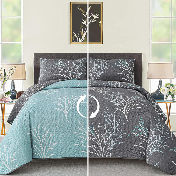 DJY Sage Green Quilt Set Full Size, Branch Botanical Pattern Bedspread Coverlet Set, 3 Piece Microfiber Green Floral Quilt Bedding Set Lightweight Summer Bedspread for All Season, 80''x90''