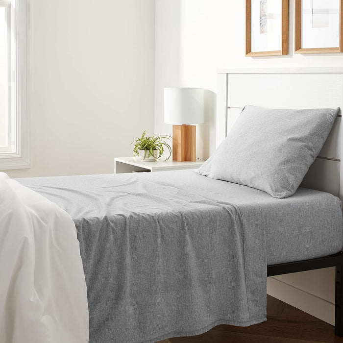 Amazon Basics 4 Piece Bed Sheets Set, 100% Cotton Jersey, Includes Super Soft, Flat and Fitted Sheets, Pillowcase, King, Light Gray, Solid
