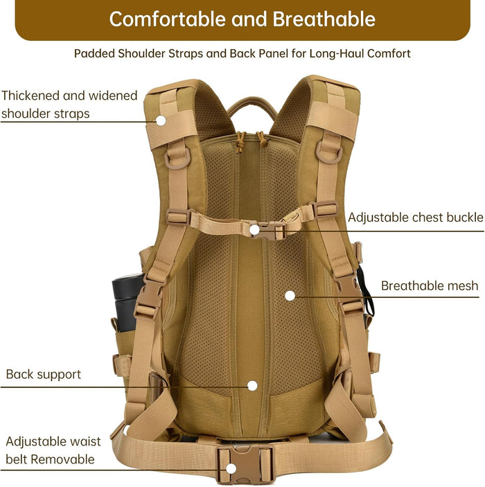 Tactical Backpack for Men: 27L Lightweight Assault Pack,Waterproof and MOLLE System,For Camping, Hiking Daypack in Khaki