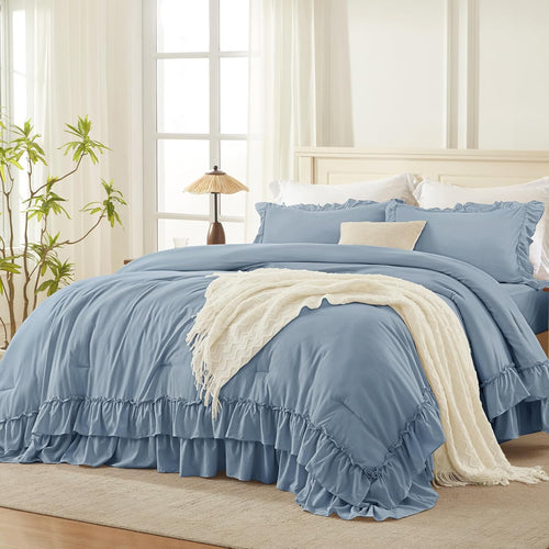 Andency White Ruffle Comforter Full Set, 3pcs Vintage Farmhouse Shabby Chic Bedding Comforter Set, Soft Lightweight Fluffy Bed Comforter Sets All Season Bedding Set