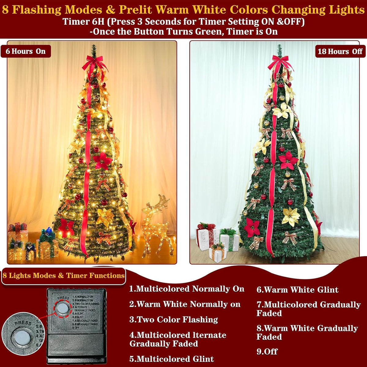 6.5 Ft Prelit Full Pop up Christmas Tree with Timer 8 Mode 200 Warm Lights, Ornaments, Red&Gold Ribbon, Flowers, Bows,UL Plug Powered, Fire-Resistant Collapsible Outdoor Indoor Holiday Party Decor