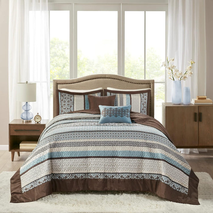 Madison Park Traditional Damask Design All Season, Lightweight Coverlet Bedspread Bedding Set, Matching Shams, Pillows, (102"x118"), Bellagio, Jacquard Grey, 5 Piece