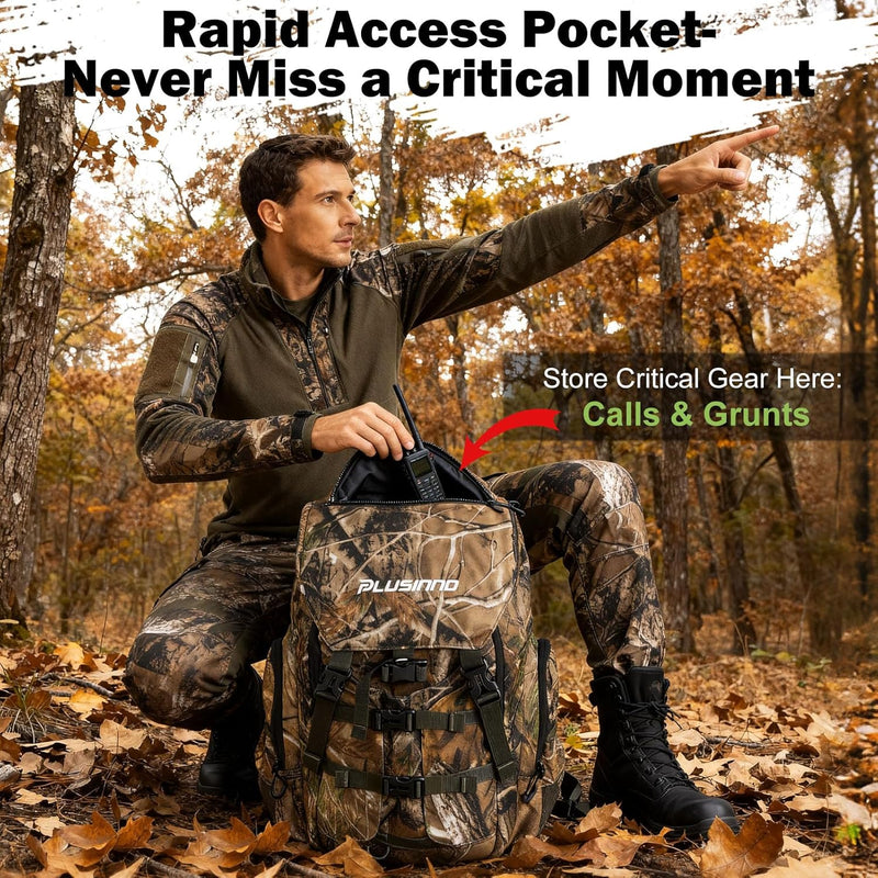 PLUSINNO Hunting Backpack for Hunting Essentials, 45L Waterproof Hunting Gear with Rain Cover, & Padded Scabbard Carry System For Deer Hunt Accessories, Hunt Gift For Men