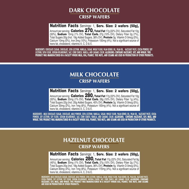 TOGGI Fine European Chocolate Wafers, Variety Snack Box, Stocking Stuffers, Milk Chocolate, Dark Chocolate, and Hazelnut (1.75 oz 9 Count)
