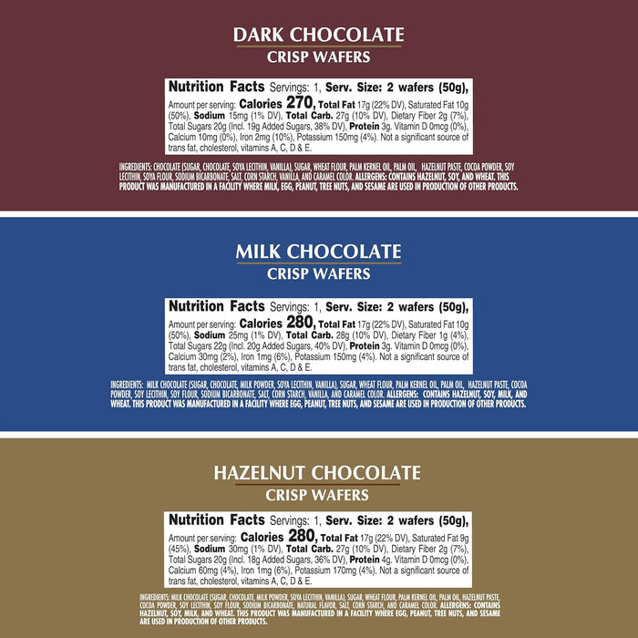 TOGGI Fine European Chocolate Wafers, Variety Snack Box, Stocking Stuffers, Milk Chocolate, Dark Chocolate, and Hazelnut (1.75 oz 9 Count)