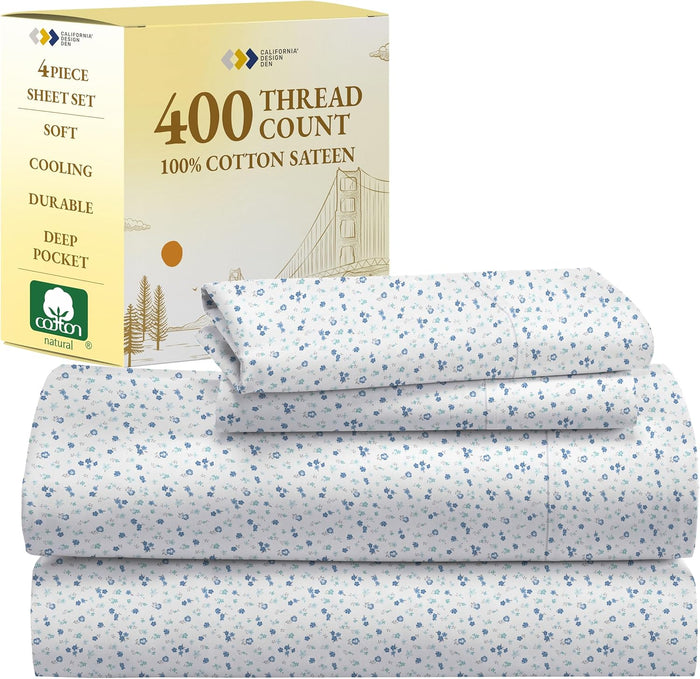 California Design Den Natural 100% Cotton Sheets, Soft Queen Sheet Set, 400 Thread Count Sateen, Deep Pockets with All-Around Elastic for a Snug Fit, Cool & Durable Bedding Set - Black