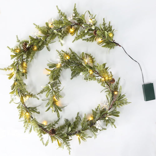 6FT Pre-lit Two-Tone Olive Christmas Garland Set of 2 Battery Operated Artificial Greenery Winter Mistletoe Garland with Timer for Mantle, Stairs Railing, Patio,Table, Window, Front Door Holiday