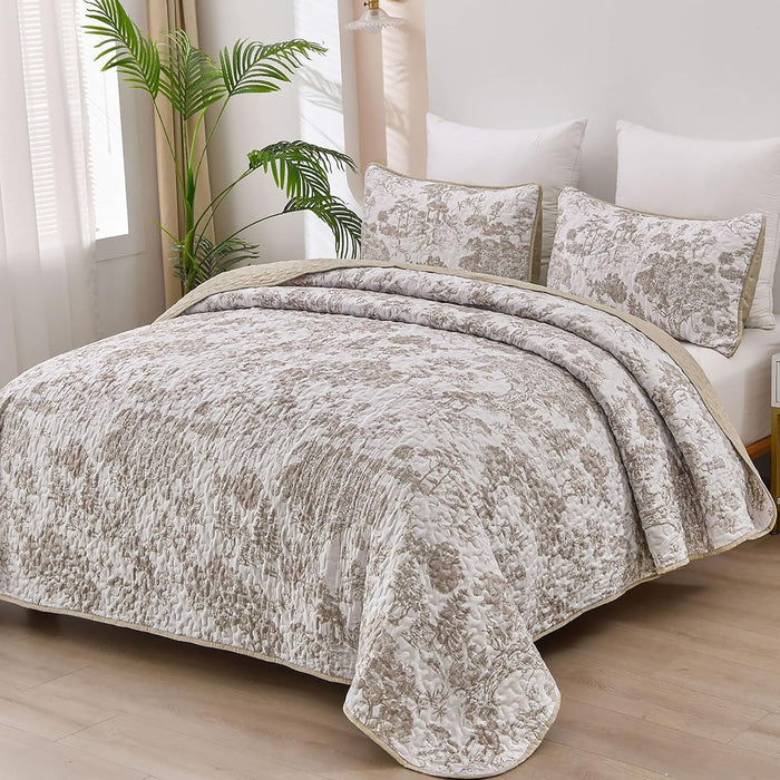 WONGS BEDDING Botanical Quilt Set Queen Size, Sage Green 3 Pieces Toile Floral Plants Printed Bedspread Bedding Set Soft Lightweight Microfiber Coverlet Set for All Season (96"x90")