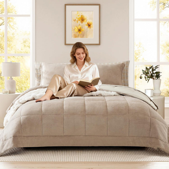 Plush Queen Comforter Set Light Taupe, Flannel Velvet Comforter Sets 7 Pieces Bed in a Bag, Soft Warm Winter Bedding Set with Sheets, Pillowcases & Shams