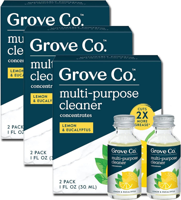 Grove Co. Multi-Purpose Cleaner, Refill Concentrate (2 x 1 Oz) + Glass Spray Bottle (16 Oz), Plant-based Household Cleaning Supplies Bundle, No Plastic Waste, Natural Lavender Blossom & Thyme Scent