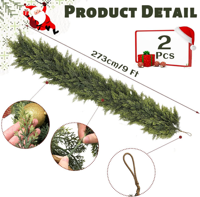 2 Pcs 9FT Christmas Garland, Christmas Decorations, Real Touch Cedar Garland, Artificial Cypress Garlands for Mantle Fireplace Door Table Wall Upstairs Indoor Outdoor Holiday Xmas Decor