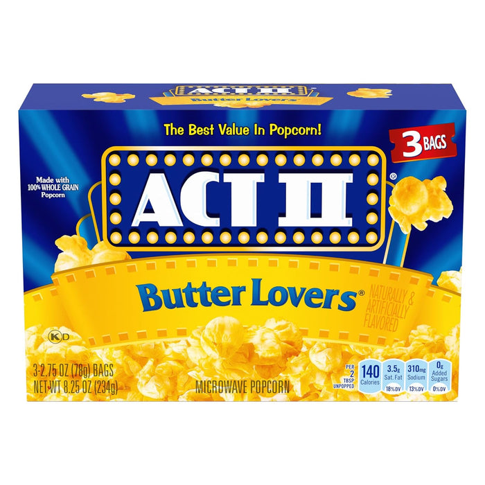 Act II Butter Lovers Microwave Popcorn, Movie Night Supplies, 2.75 oz., 3-Count Bags