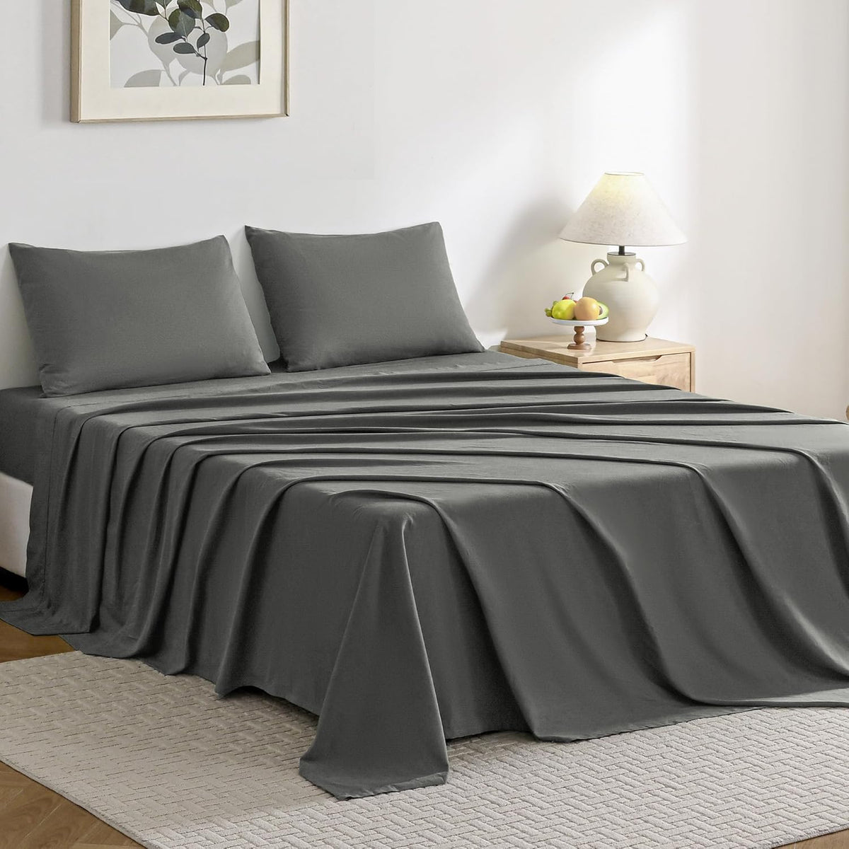 JELLYMONI Sheet Set King Size 4pcs Cotton Cream White Easy-Fit 16 Inch Deep Pocket 100% Washed Cotton Soft Breathable (1 Fitted Sheet, 1 Flat Sheet, 2 Pillowcases)