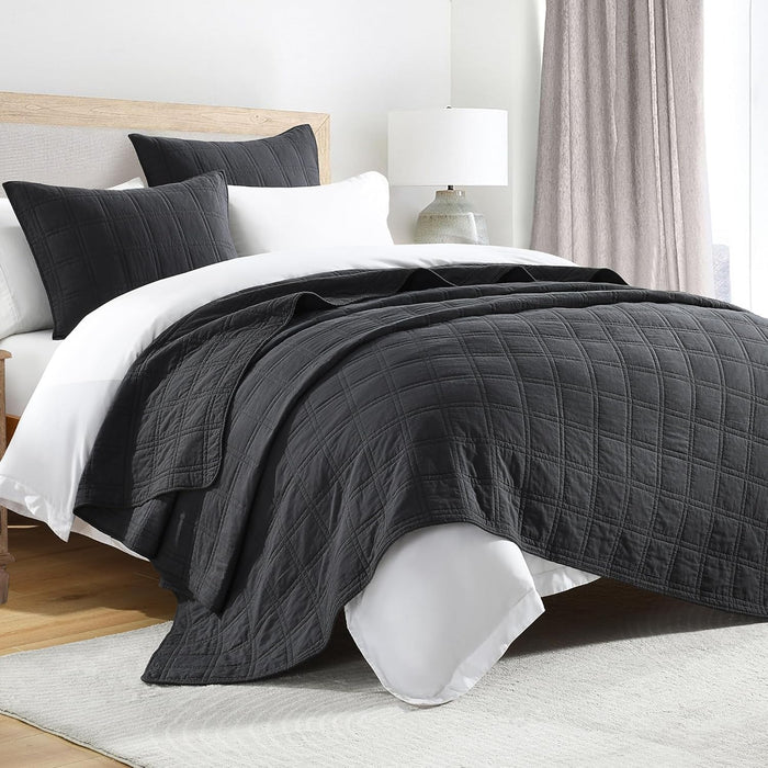 HORIMOTE HOME 100% Cotton Quilt Set Queen Size, Charcoal Pre-Washed Bedspreads Coverlet Set in Geometric Pattern, Cozy Lightweight Stitching Decorative Bedding Cover with 2 Shams for All Season
