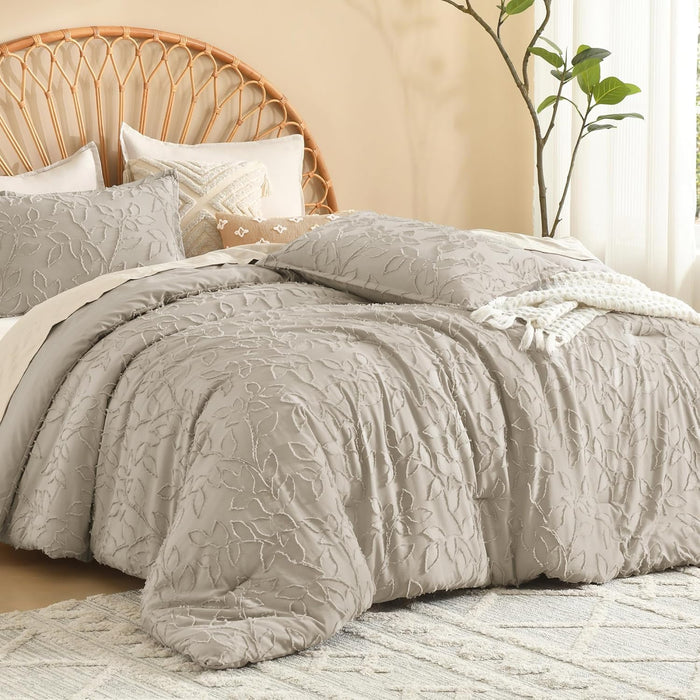 Litanika Queen Size Comforter Set Emerald Green, 3 Piece Dark Green Boho Tufted Bedding, Forest Green Fluffy Farmhouse Bed Set for All Season with 2 Leaf Pattern Pillowcases（90x90In）