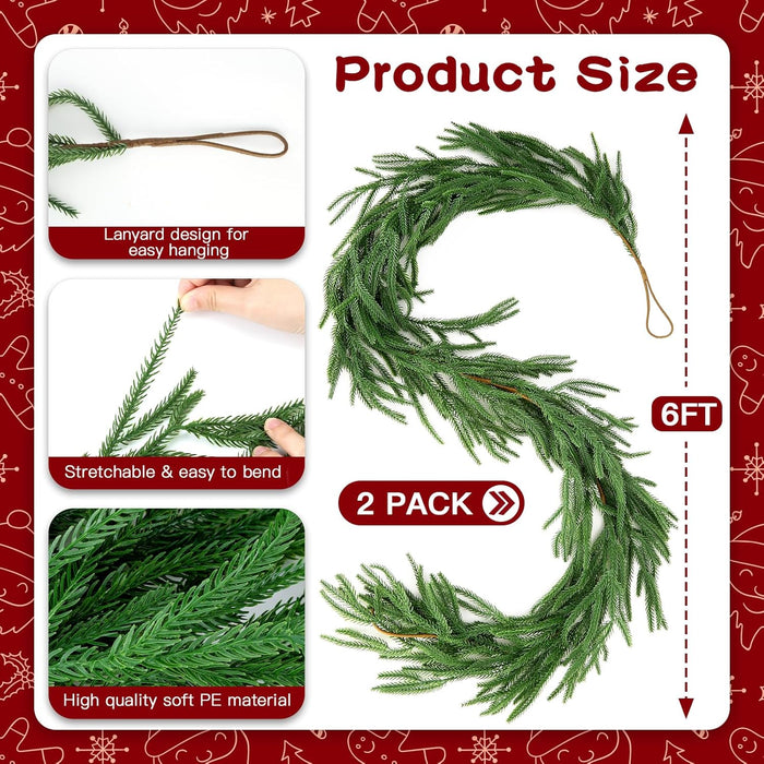 Artificial Norfolk Pine Garlands,Real Touch Artificial Greenery Garland for Table, Mantle, Wall,Indoor Outdoor Holiday Winter Christmas Decorations (2, 6FT)
