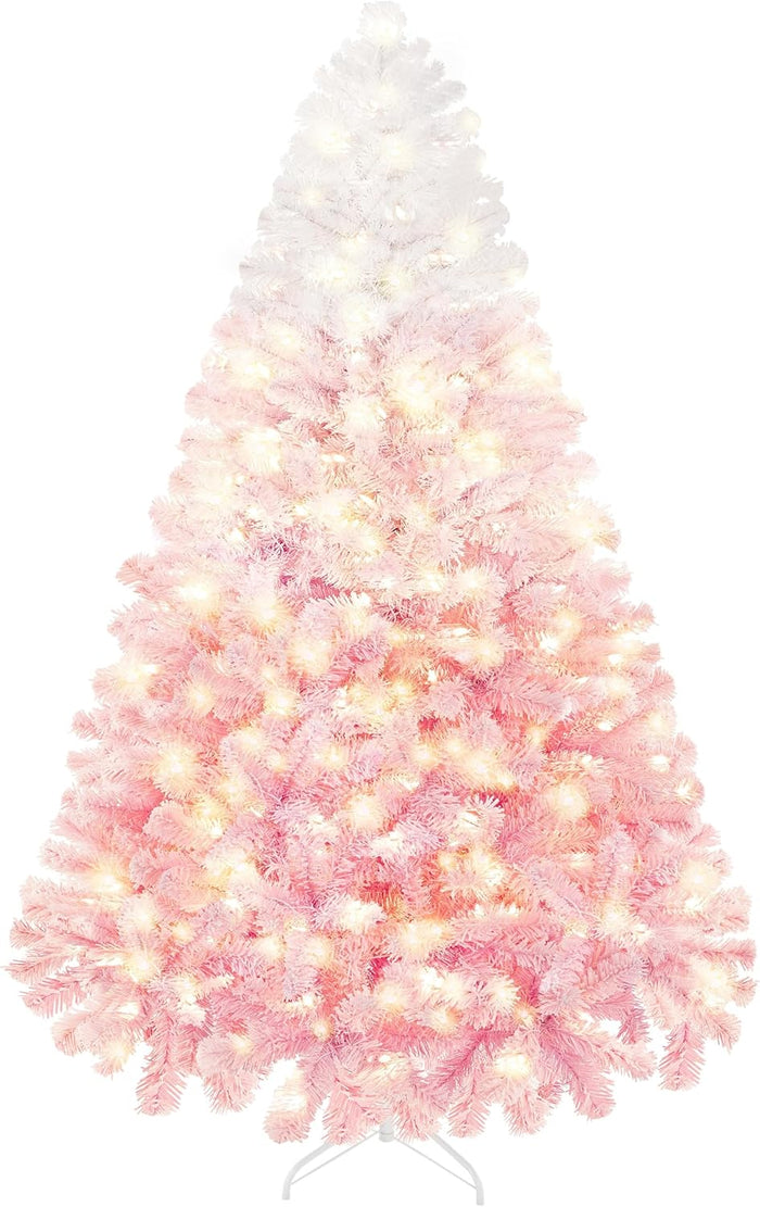 Yaheetech 4.5ft Pre-lit Artificial Christmas Tree with Incandescent Warm White Lights, Snow Flocked Full Prelighted Xmas Tree with 340 Branch Tips, 150 Incandescent Lights & Foldable Stand, Pink