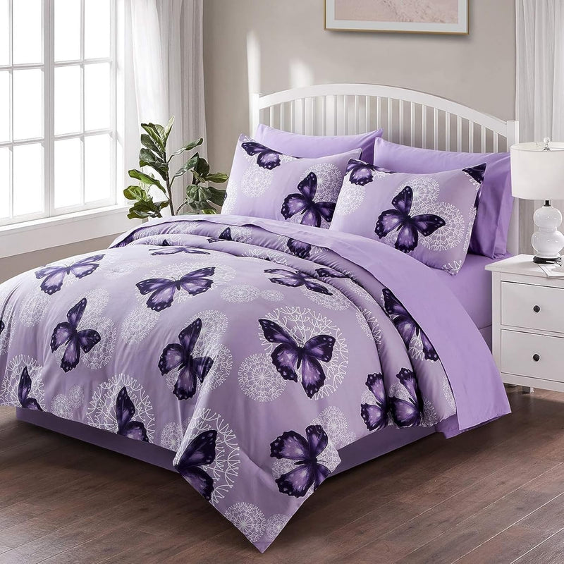ARTALL Bed in A Bag Full/Queen Size 7 Pieces, Purple Big Butterfly Bedding Comforter Set All Season Bed Set with Comforter, Pillow Shams, Flat Sheet, Fitted Sheet, Pillowcases