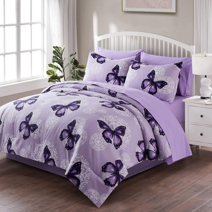 ARTALL Bed in A Bag Full/Queen Size 7 Pieces, Purple Big Butterfly Bedding Comforter Set All Season Bed Set with Comforter, Pillow Shams, Flat Sheet, Fitted Sheet, Pillowcases