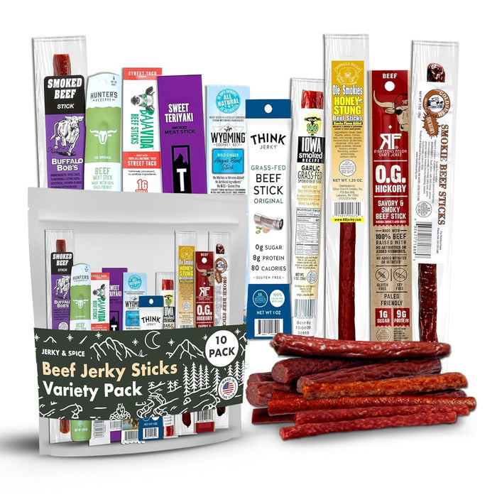 Jerky-n-Spice Exotic Jerky Variety Pack (10 Count) | Beef Jerky Gifts for Men | Assorted High Protein Meat Snacks | Premium Gourmet Wild Game Sampler | Ideal for Birthday, Road Trip & Camping
