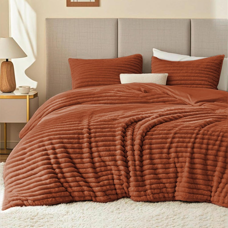 EXQ Home Fluffy Comforter Set Queen Size - Super Soft Faux Fur Stripe Jacquard Comforter 3 Pieces, Black Fleece Bedding Set,Winter Warm Bed Set,1 Comforter with 2 Pillowcases
