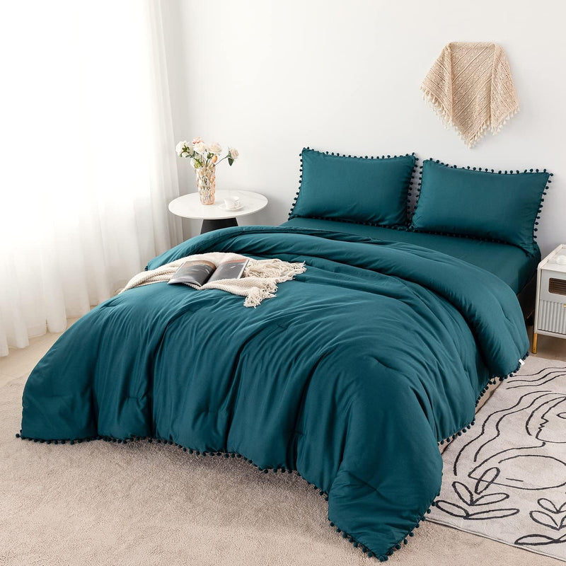 PERFEMET 5 Pcs Pink Pom Pom Comforter Twin Size Aesthetic Boho Pom Fringe Bedding Set with Sheet Ultra Soft Lightweight Farmhouse Bedding Quilt Set for Girls Kids(Pink, Twin)