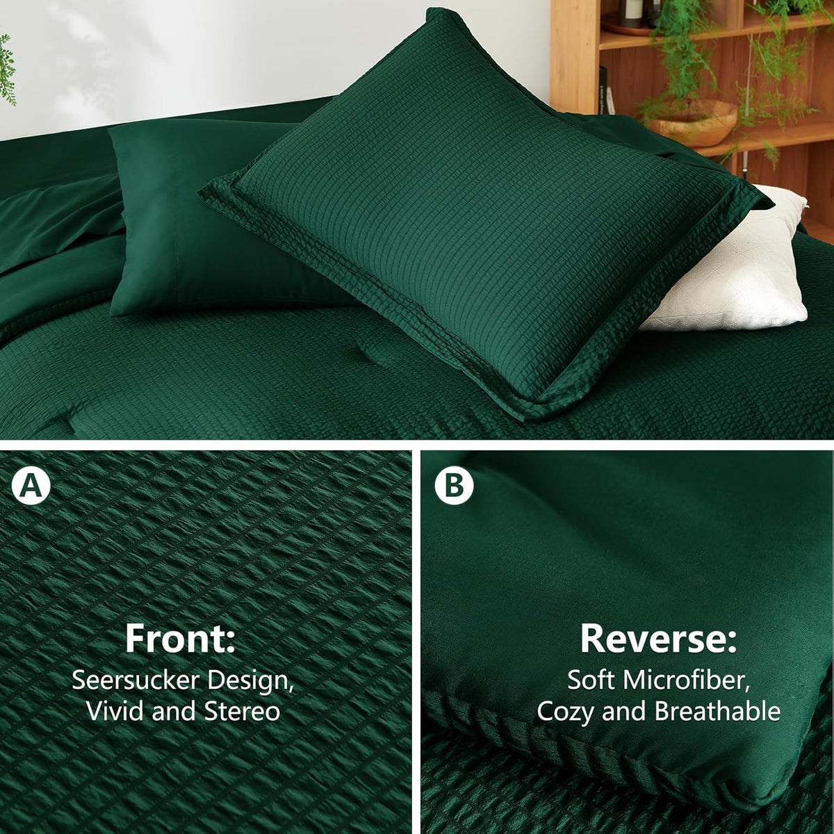 CozyLux Queen Comforter Set Emerald Green - 7 Pieces Striped Seersucker Bed in a Bag, Soft Lightweight Boho Bedding Set with All Season Comforters Queen Size, Sheets, Pillowcases & Shams