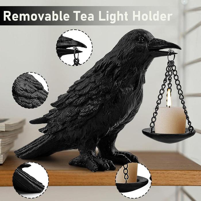 Halloween Decorations Indoor Gothic Home Decor Raven Lamp Tealight Holder for Bedroom Fake Crow Candle Holder Halloween Table Decorations Black