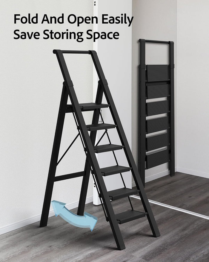 6 Step Ladder, Lightweight Folding Step Stool with Convenient Handgrip,Aluminum 330lbs Capacity Step Ladder for Office,Household,Kitchen(Black)